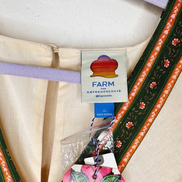 NWT Anthropologie Farm Rio Palm Tree V Neck Puff Sleeve Cut Out Waist Midi Dress - Picture 13 of 15